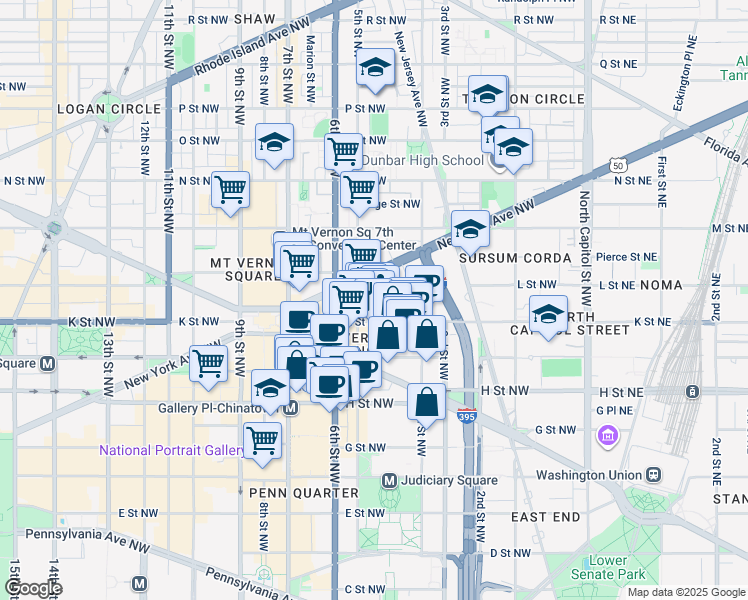 map of restaurants, bars, coffee shops, grocery stores, and more near 475 K Street Northwest in Washington