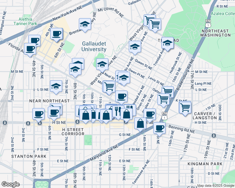 map of restaurants, bars, coffee shops, grocery stores, and more near 1205 Morse Street Northeast in Washington