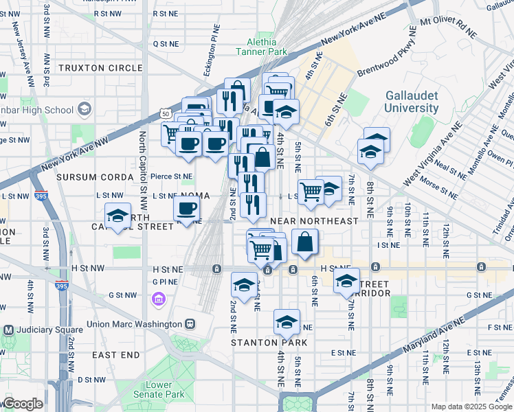 map of restaurants, bars, coffee shops, grocery stores, and more near 1022 3rd Street Northeast in Washington