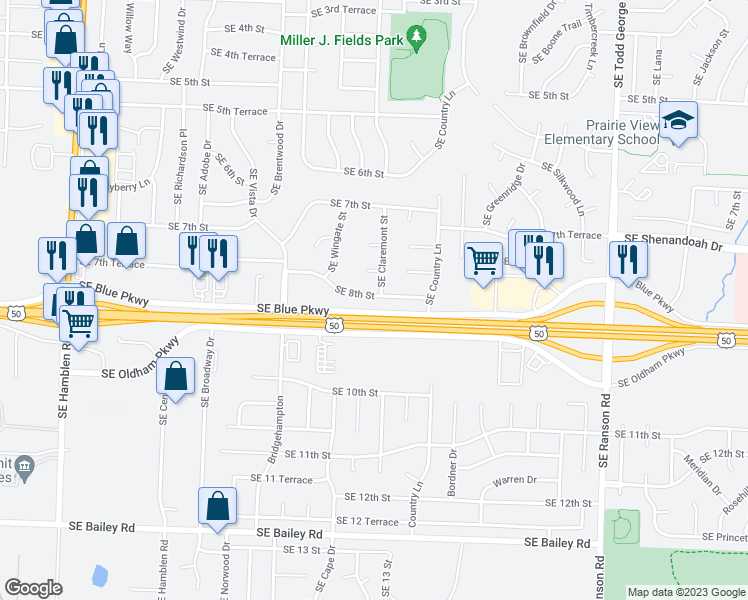 map of restaurants, bars, coffee shops, grocery stores, and more near 1239 Southeast 8th Street in Lee's Summit