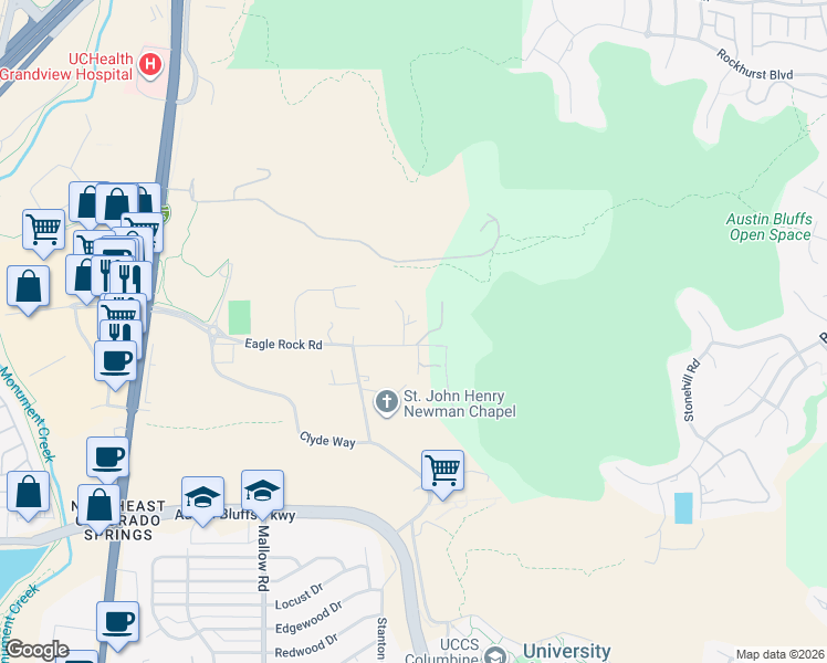 map of restaurants, bars, coffee shops, grocery stores, and more near 1120 Eagle Rock Road in Colorado Springs
