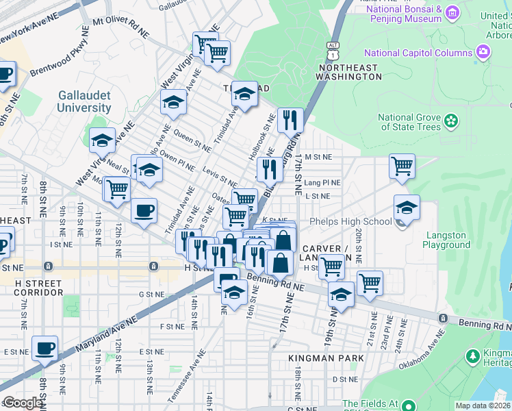 map of restaurants, bars, coffee shops, grocery stores, and more near 101 Independence Avenue Southeast in Washington