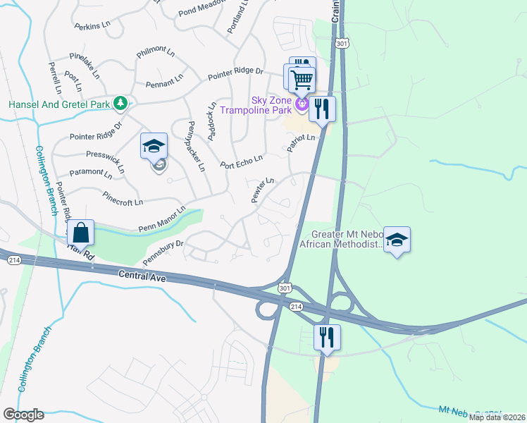 map of restaurants, bars, coffee shops, grocery stores, and more near 935 Pleasant Hill Lane in Bowie