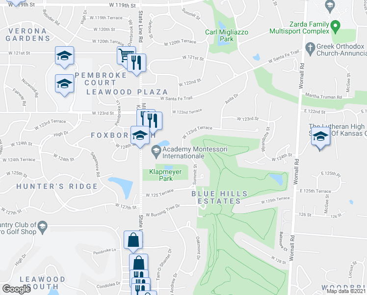 map of restaurants, bars, coffee shops, grocery stores, and more near Summit St & W 123rd Terrace in Kansas City