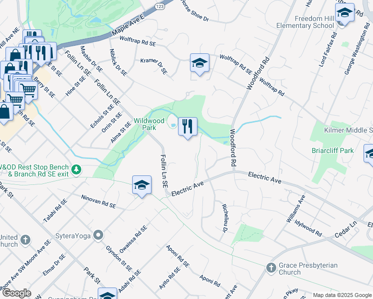 map of restaurants, bars, coffee shops, grocery stores, and more near 820 Follin Lane Southeast in Vienna