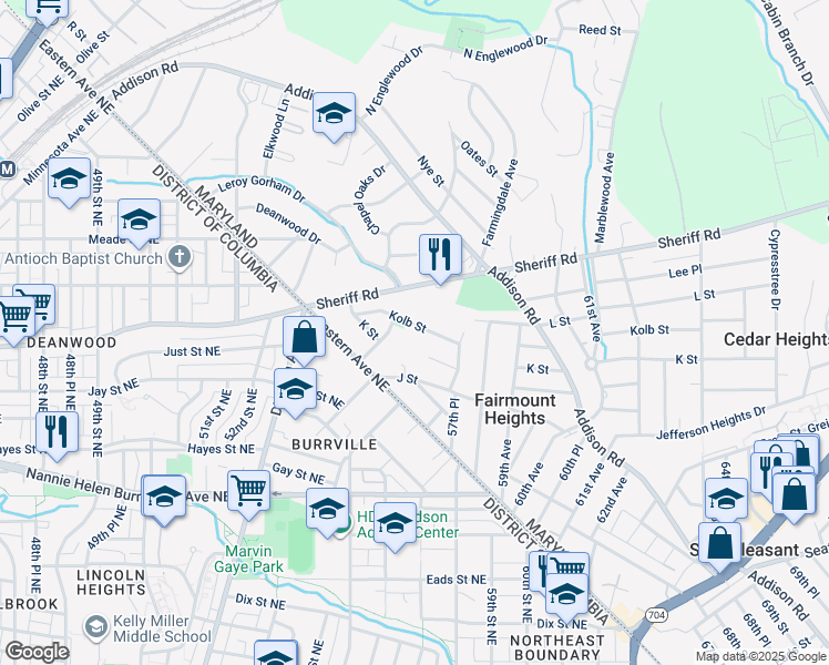 map of restaurants, bars, coffee shops, grocery stores, and more near 5613 Kolb Street in Fairmount Heights