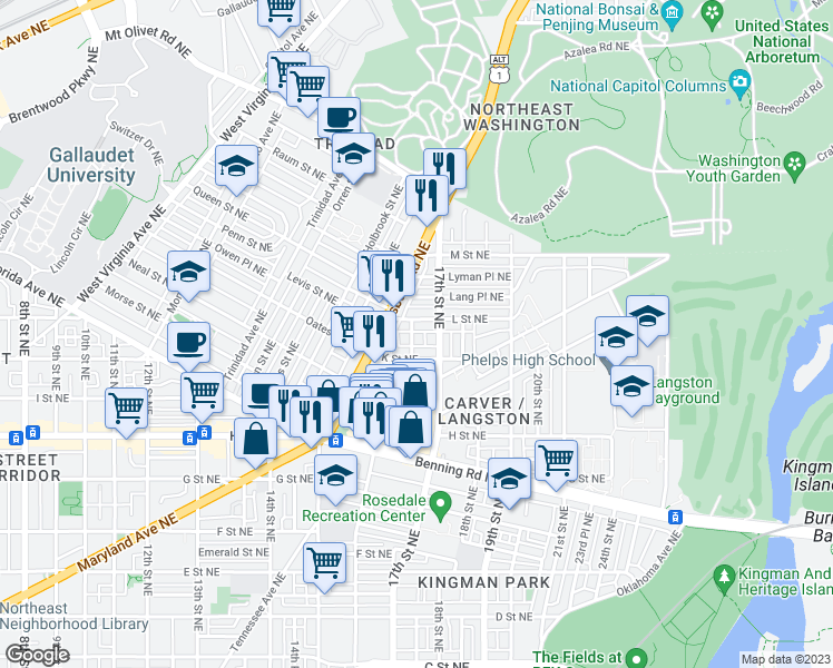 map of restaurants, bars, coffee shops, grocery stores, and more near 101 Independence Avenue Southeast in Washington