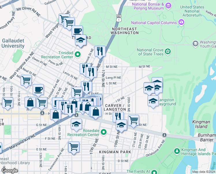 map of restaurants, bars, coffee shops, grocery stores, and more near 1026 18th Street Northeast in Washington