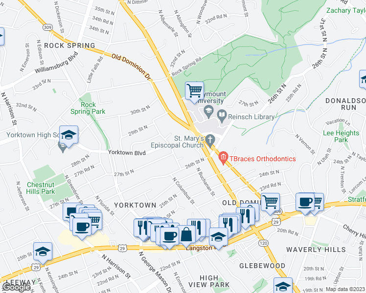 map of restaurants, bars, coffee shops, grocery stores, and more near 2712 North Buchanan Street in Arlington