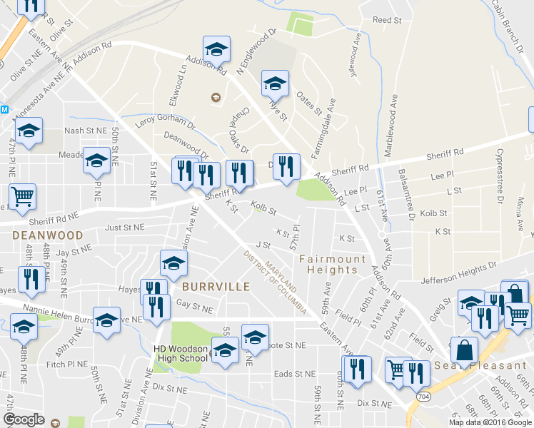 map of restaurants, bars, coffee shops, grocery stores, and more near 5613 Kolb Street in Fairmount Heights