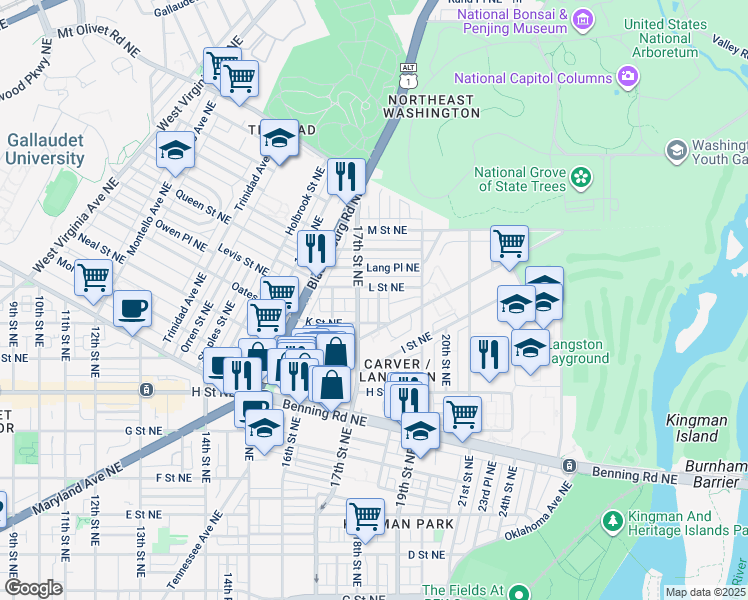 map of restaurants, bars, coffee shops, grocery stores, and more near 1026 18th Street Northeast in Washington