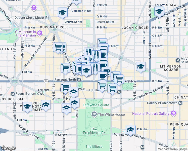 map of restaurants, bars, coffee shops, grocery stores, and more near 1016 16th Street Northwest in Washington