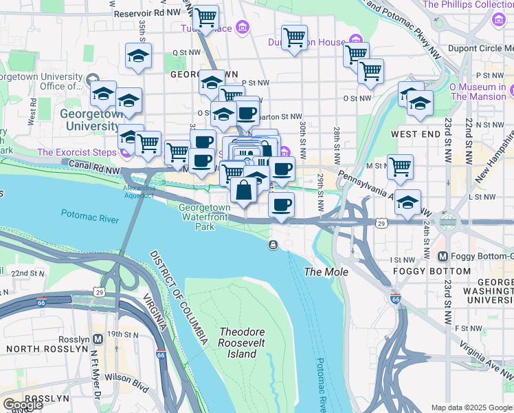 map of restaurants, bars, coffee shops, grocery stores, and more near 3150 South Street Northwest in Washington