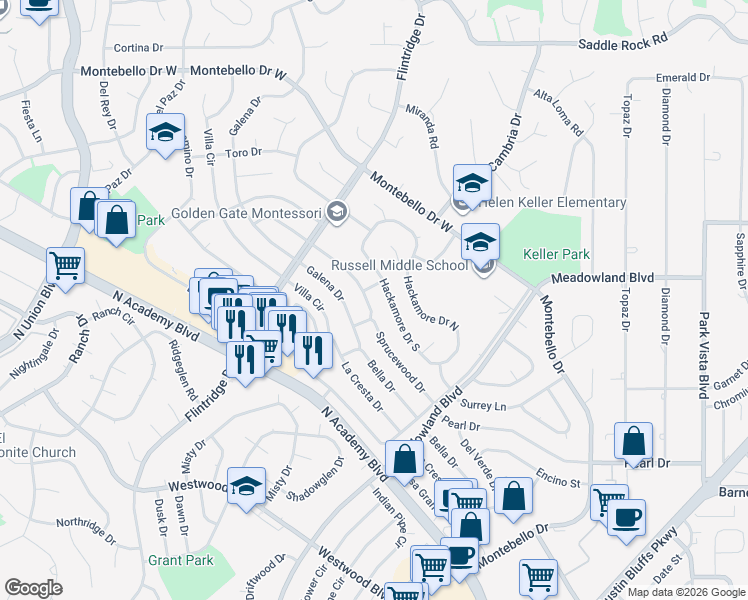 map of restaurants, bars, coffee shops, grocery stores, and more near 5001 Hackamore Drive South in Colorado Springs