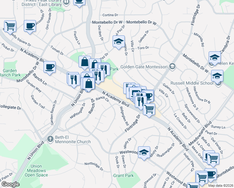 map of restaurants, bars, coffee shops, grocery stores, and more near 5025 North Academy Boulevard in Colorado Springs