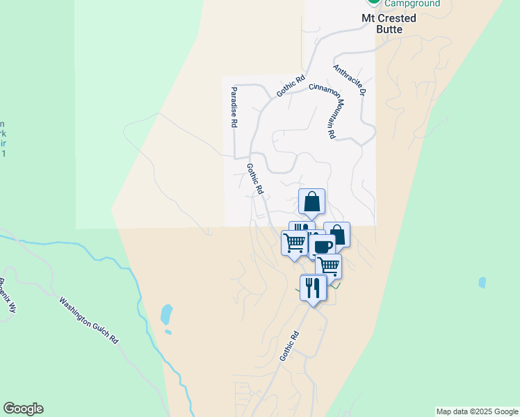 map of restaurants, bars, coffee shops, grocery stores, and more near 1-7 Marcellina Lane in Crested Butte