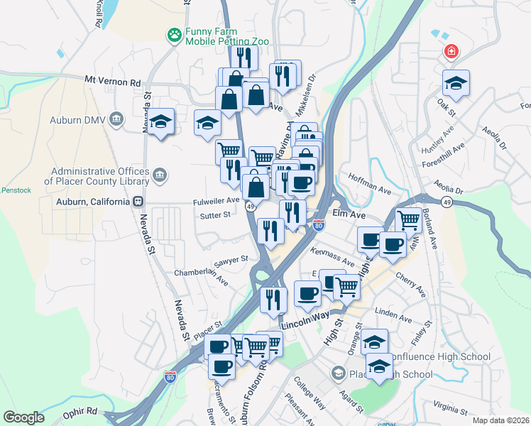map of restaurants, bars, coffee shops, grocery stores, and more near 399 Elm Avenue in Auburn