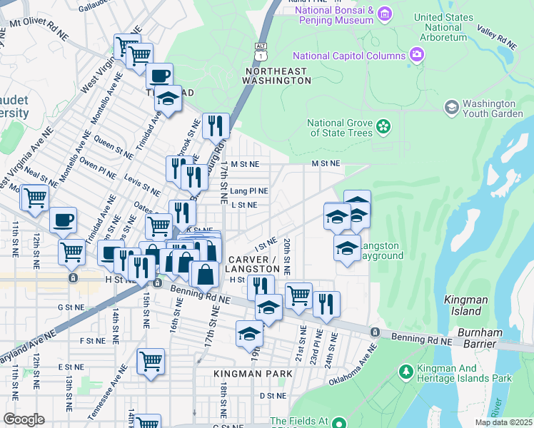 map of restaurants, bars, coffee shops, grocery stores, and more near 101 Independence Avenue Southeast in Washington