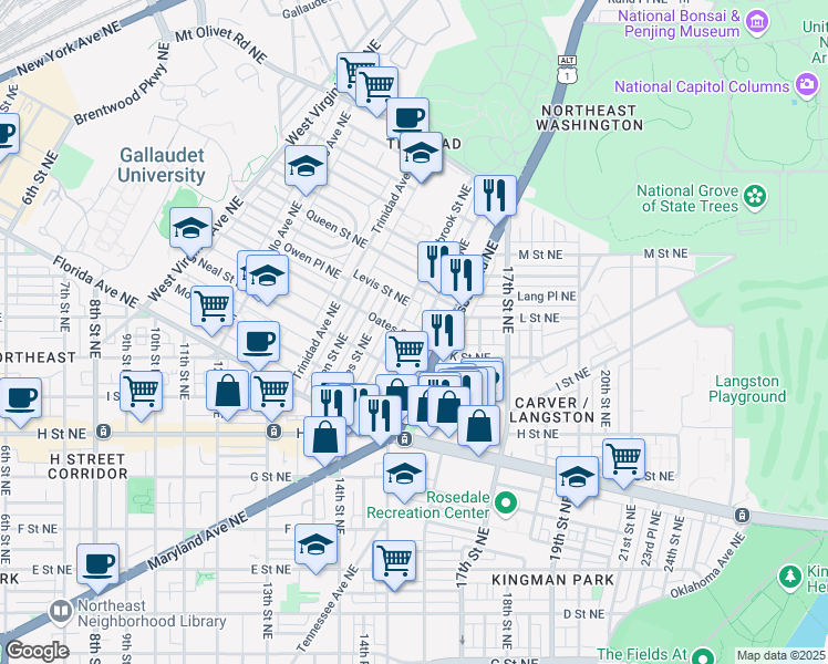 map of restaurants, bars, coffee shops, grocery stores, and more near 101 Independence Avenue Southeast in Washington