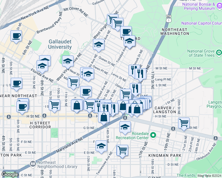 map of restaurants, bars, coffee shops, grocery stores, and more near 101 Independence Avenue Southeast in Washington