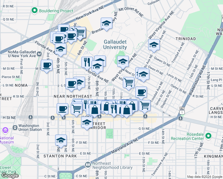 map of restaurants, bars, coffee shops, grocery stores, and more near 101 Independence Avenue Southeast in Washington