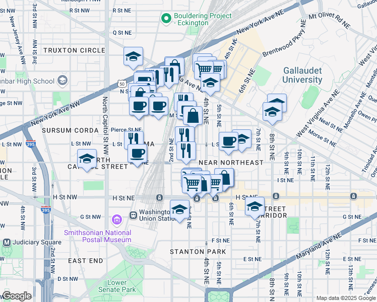 map of restaurants, bars, coffee shops, grocery stores, and more near 101 Independence Avenue Southeast in Washington