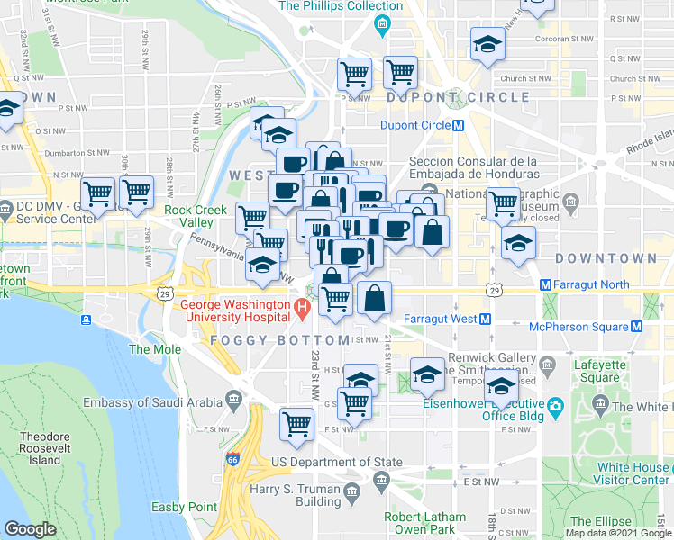 map of restaurants, bars, coffee shops, grocery stores, and more near 101 Independence Avenue Southeast in Washington