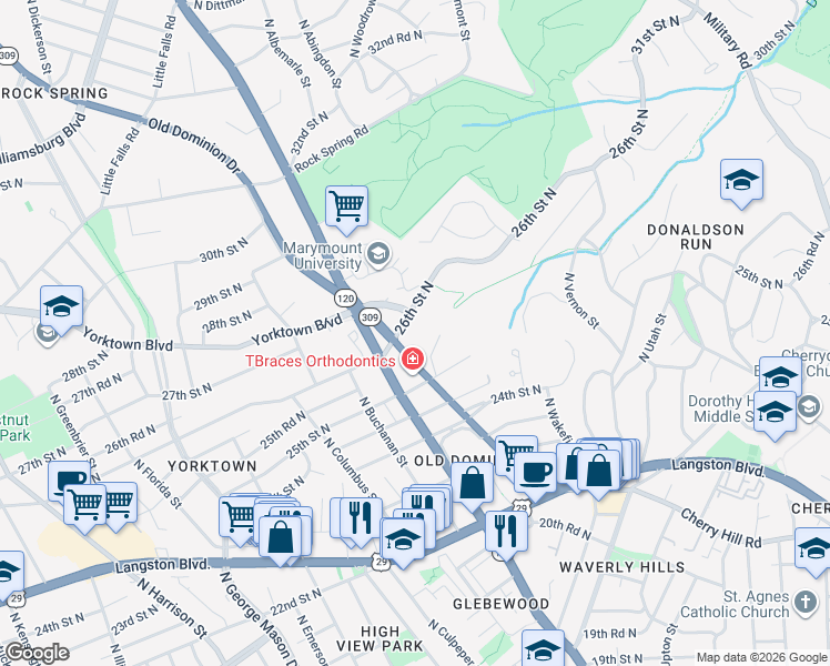 map of restaurants, bars, coffee shops, grocery stores, and more near in Arlington