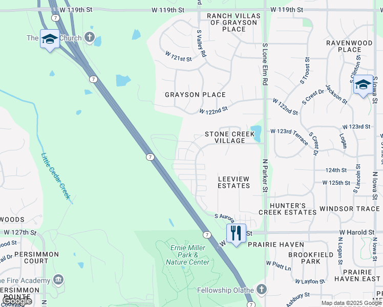 map of restaurants, bars, coffee shops, grocery stores, and more near 21948 West 124th Place in Olathe