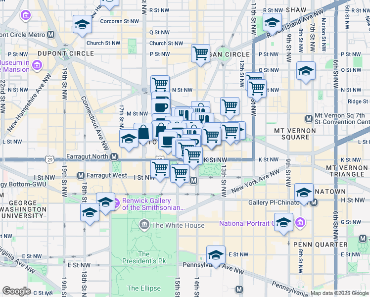 map of restaurants, bars, coffee shops, grocery stores, and more near 1025 Vermont Avenue Northwest in Washington