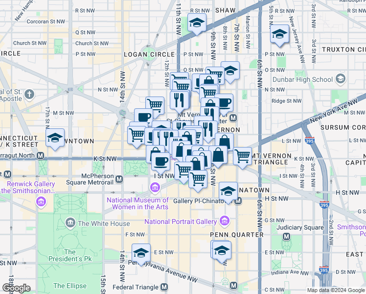 map of restaurants, bars, coffee shops, grocery stores, and more near 1010 Massachusetts Avenue Northwest in Washington
