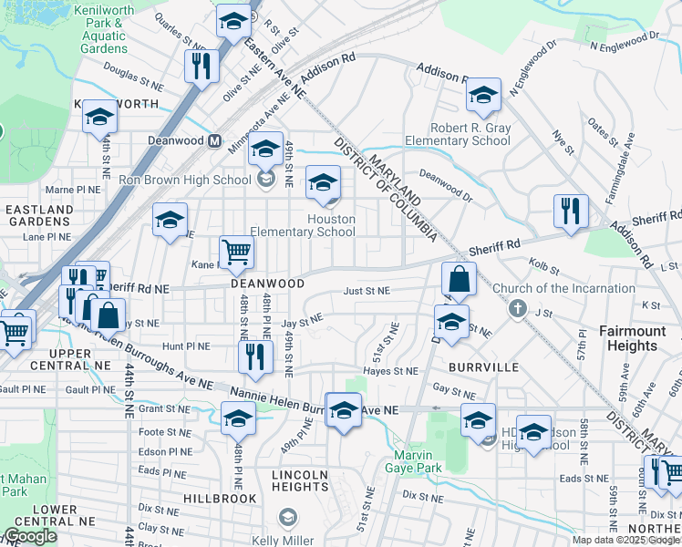 map of restaurants, bars, coffee shops, grocery stores, and more near 5033 Sheriff Road Northeast in Washington