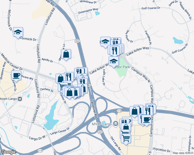 map of restaurants, bars, coffee shops, grocery stores, and more near 10114 Autumn Ridge Court in Bowie