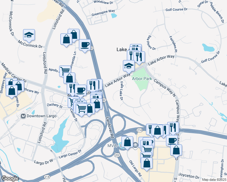map of restaurants, bars, coffee shops, grocery stores, and more near 10114 Autumn Ridge Court in Bowie