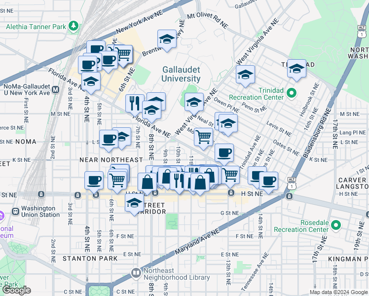 map of restaurants, bars, coffee shops, grocery stores, and more near 101 Independence Avenue Southeast in Washington