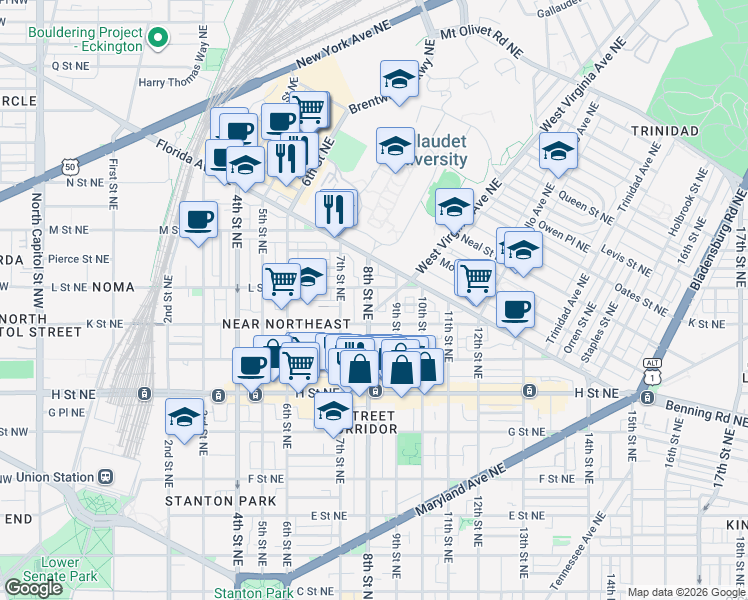 map of restaurants, bars, coffee shops, grocery stores, and more near 101 Independence Avenue Southeast in Washington