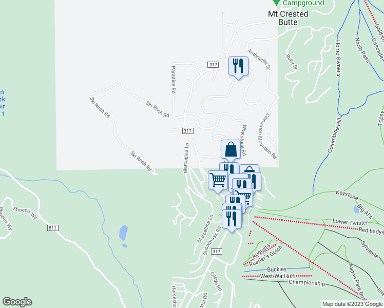 map of restaurants, bars, coffee shops, grocery stores, and more near 1-7 Marcellina Lane in Crested Butte