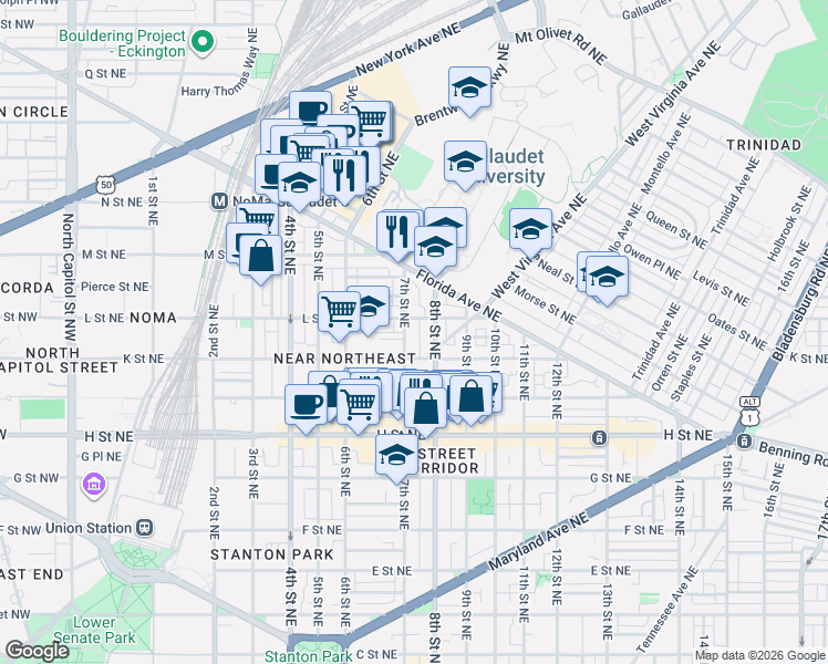 map of restaurants, bars, coffee shops, grocery stores, and more near 101 Independence Avenue Southeast in Washington