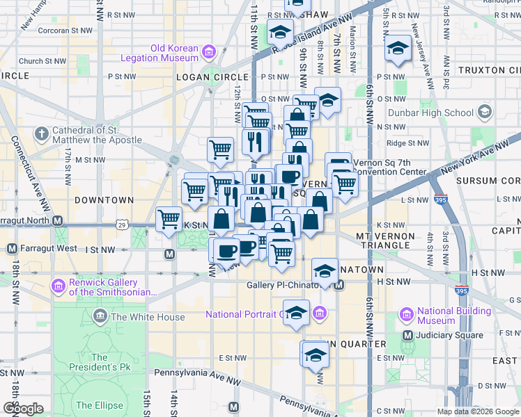 map of restaurants, bars, coffee shops, grocery stores, and more near 1010 Massachusetts Avenue Northwest in Washington