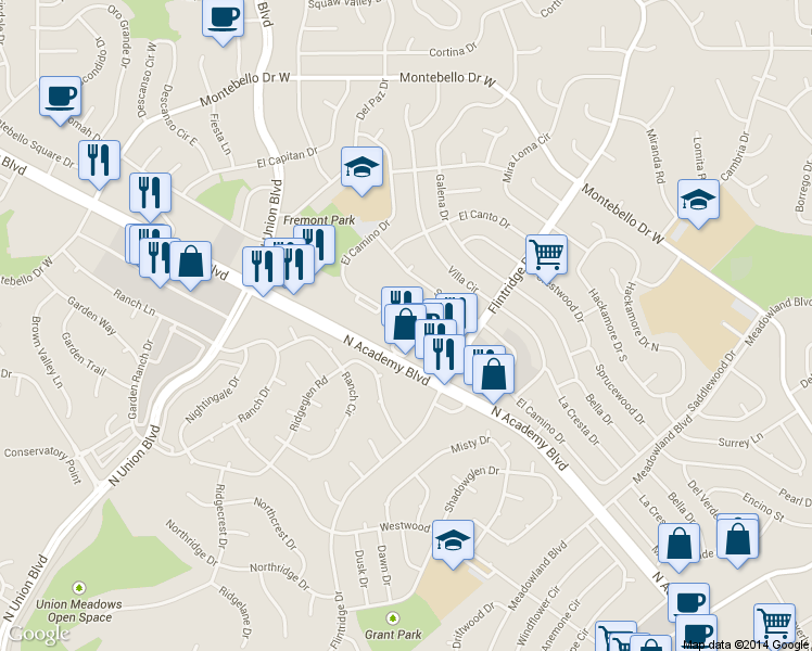 map of restaurants, bars, coffee shops, grocery stores, and more near 4985 El Camino Drive in Colorado Springs