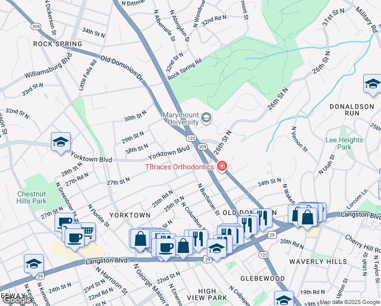 map of restaurants, bars, coffee shops, grocery stores, and more near 2624 North Glebe Road in Arlington