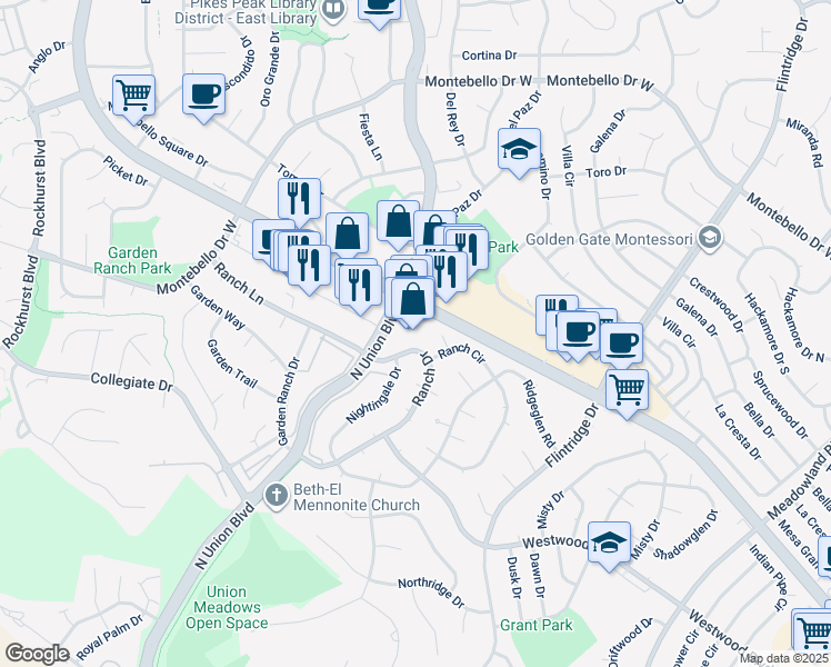 map of restaurants, bars, coffee shops, grocery stores, and more near 5046 North Academy Boulevard in Colorado Springs