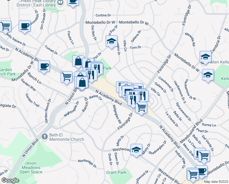 map of restaurants, bars, coffee shops, grocery stores, and more near 5020 El Camino Drive in Colorado Springs