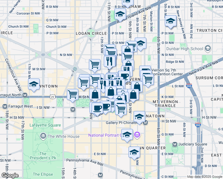 map of restaurants, bars, coffee shops, grocery stores, and more near 1010 Massachusetts Avenue Northwest in Washington