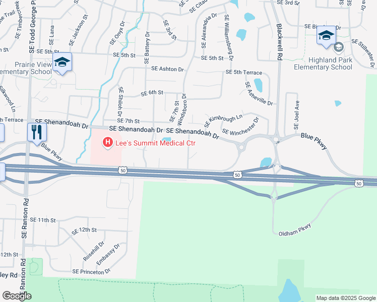 map of restaurants, bars, coffee shops, grocery stores, and more near Southeast Church Street in Lee's Summit