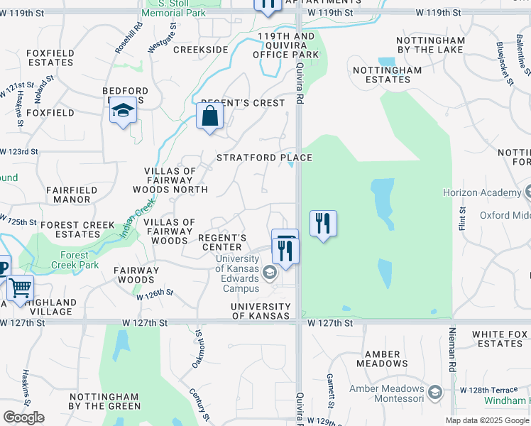 map of restaurants, bars, coffee shops, grocery stores, and more near 12490 Quivira Road in Overland Park