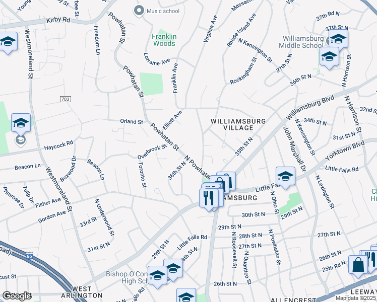 map of restaurants, bars, coffee shops, grocery stores, and more near 3607 North Powhatan Street in Arlington