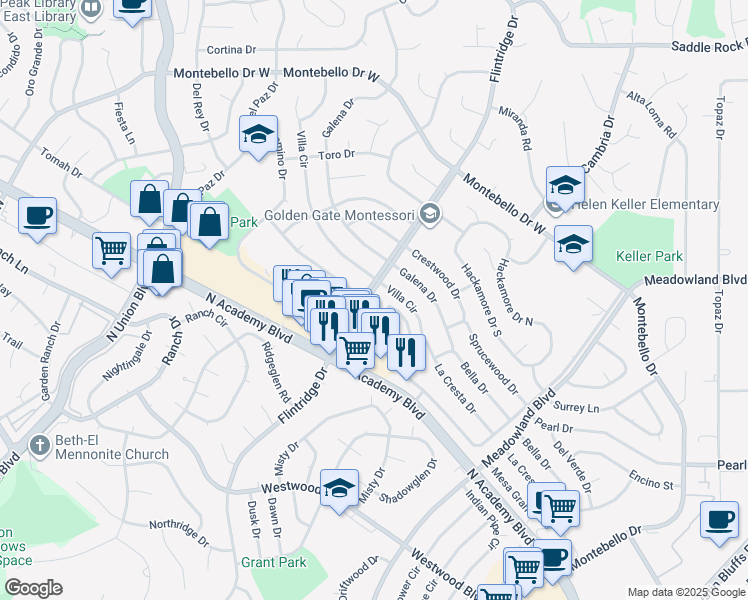 map of restaurants, bars, coffee shops, grocery stores, and more near 4902 Villa Circle in Colorado Springs