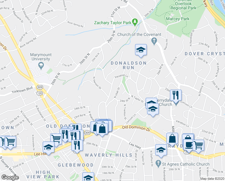 map of restaurants, bars, coffee shops, grocery stores, and more near 2355 North Vermont Street in Arlington