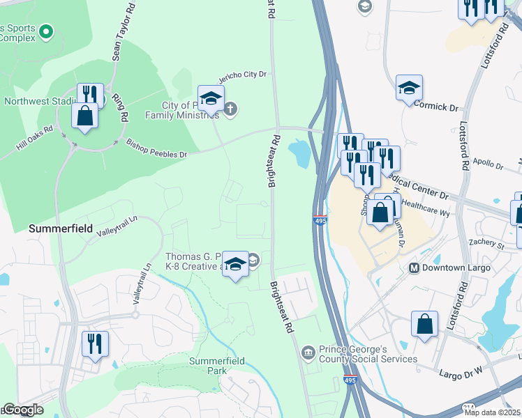 map of restaurants, bars, coffee shops, grocery stores, and more near 1000 Brightseat Road in Prince George's County